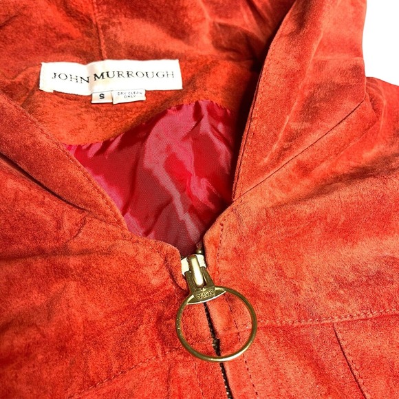 John Murrough Vintage 80s Suede Leather Orange O-Ring Zip Up Hooded Jacket Small - Picture 7 of 14